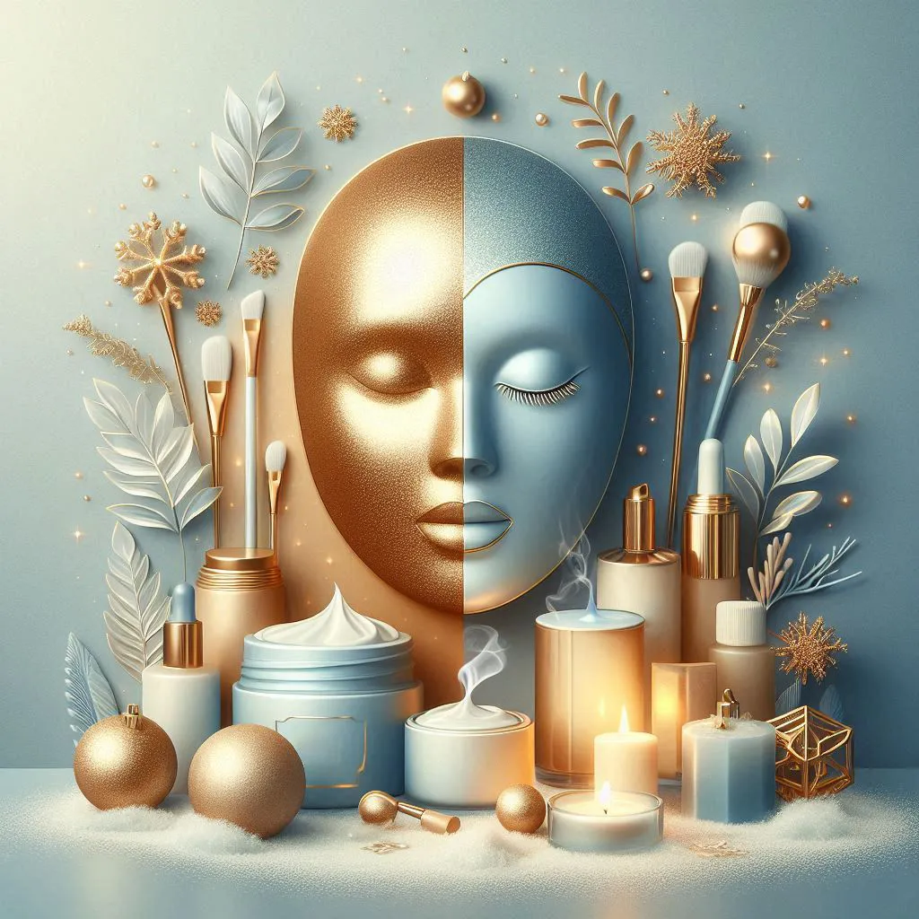 Artistic composition of skincare mask with beauty products in gold and silver tones