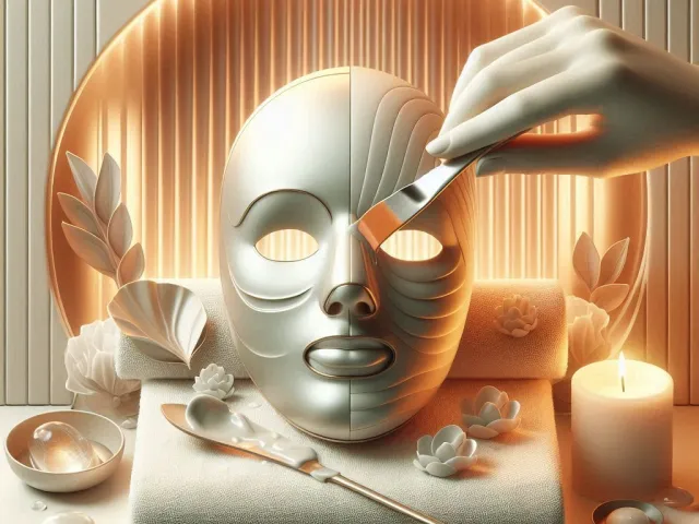 Elegant still life of skincare mask, tools and candles in spa atmosphere