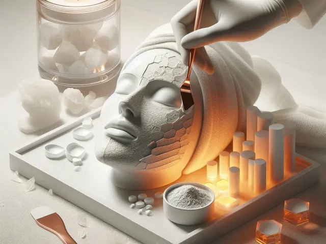 Artistic spa composition with facial mask, candles, and skincare tools