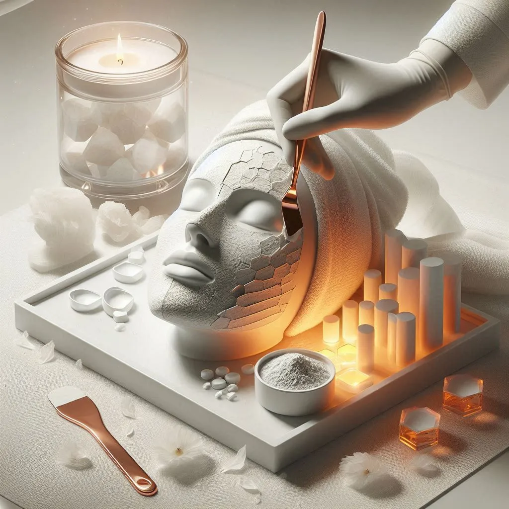 Artistic spa composition with facial mask, candles, and skincare tools