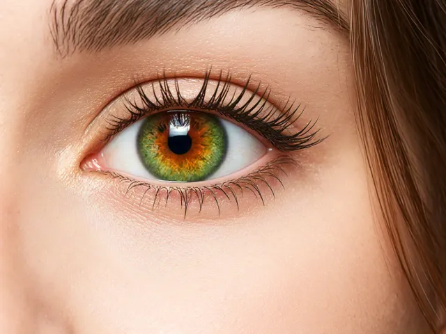 Detailed macro photograph of human eye with green and brown iris