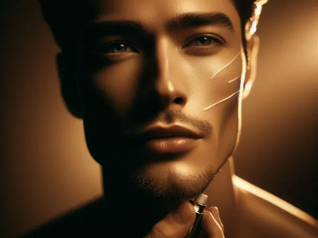 Close-up portrait of a man with sharp facial features and warm golden lighting