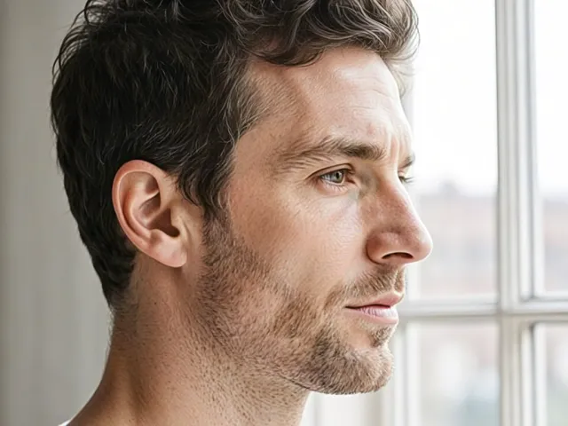 Thoughtful man portrait looking through window in soft daylight
