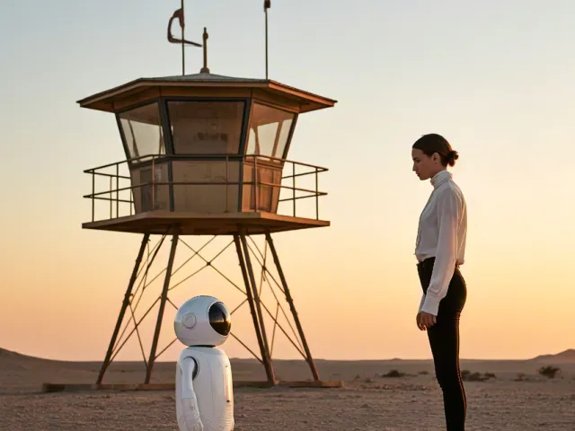 Minimal sci-fi scene of a man interacting with small robot on sandy beach