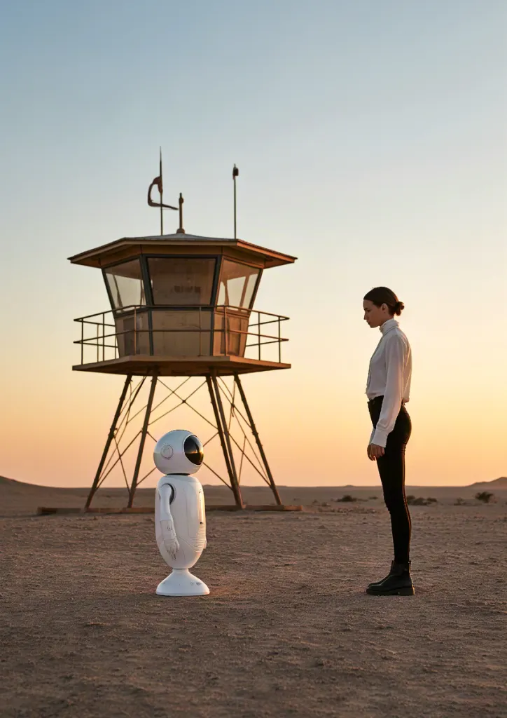 Minimal sci-fi scene of a man interacting with small robot on sandy beach