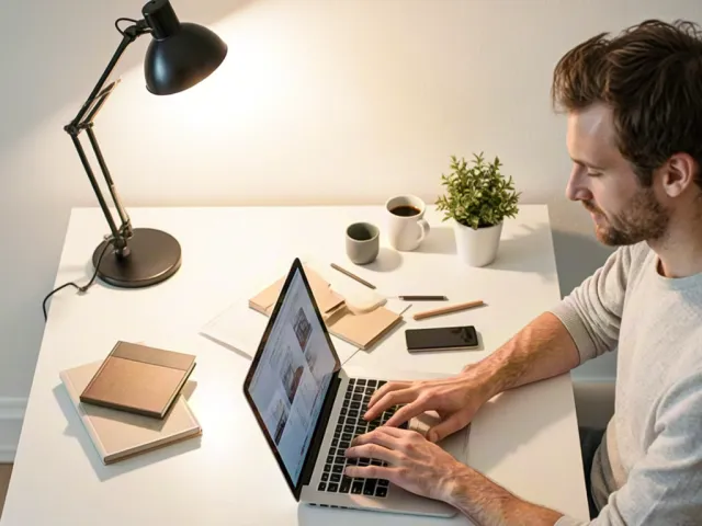 Young man typing on laptop at bright minimalist desk