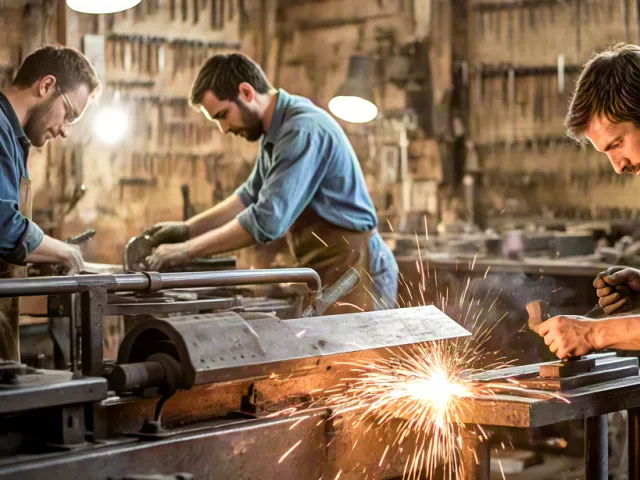 Workers using machinery with bright sparks in an industrial workshop