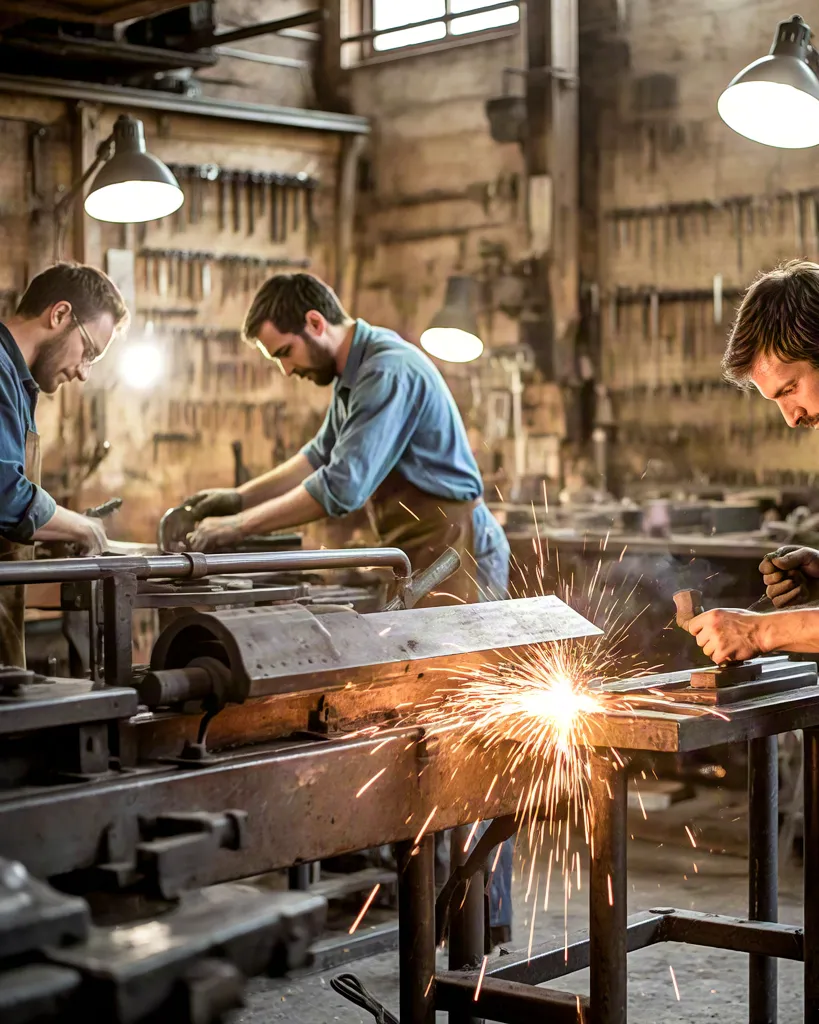 Metalworkers Shaping Steel in Workshop
