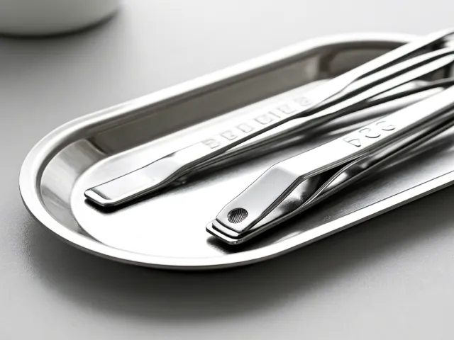 Beauty and cosmetic tools arranged on stainless steel tray