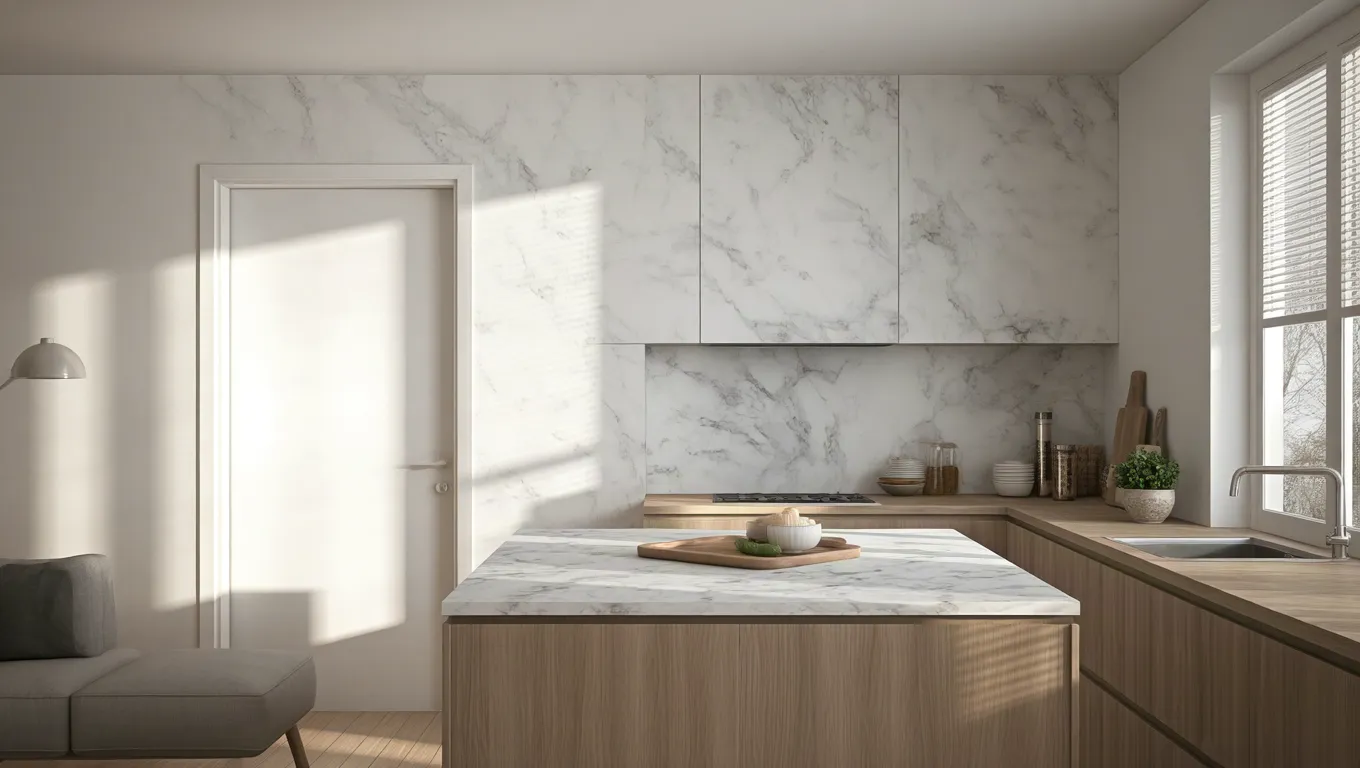 Bright minimalist bathroom with marble walls and wooden vanity