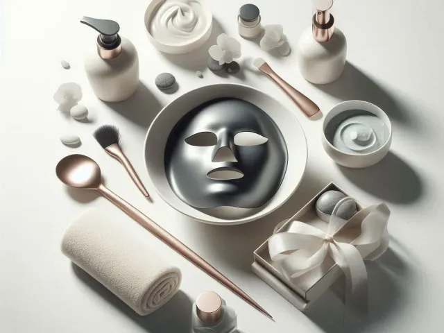 Elegant arrangement of spa skincare products in monochrome style