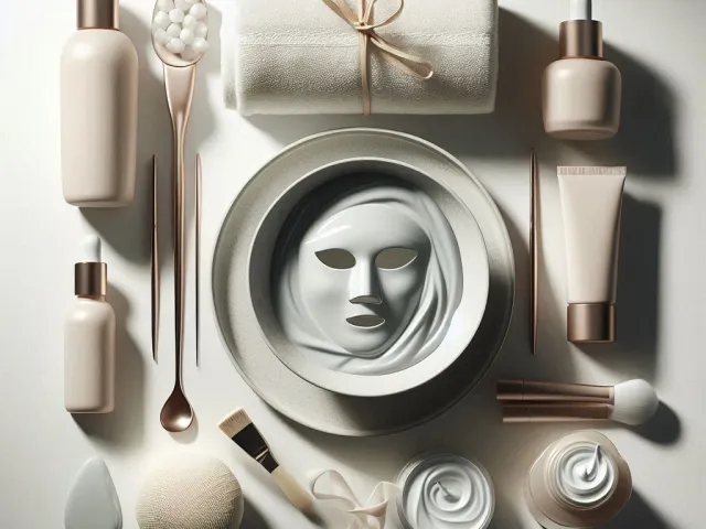 Minimalist spa flat lay with skincare products, towels and ceramic bowls