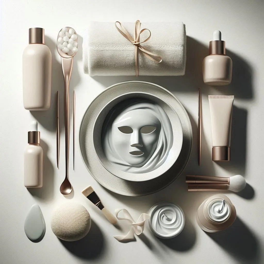 Minimalist spa flat lay with skincare products, towels and ceramic bowls