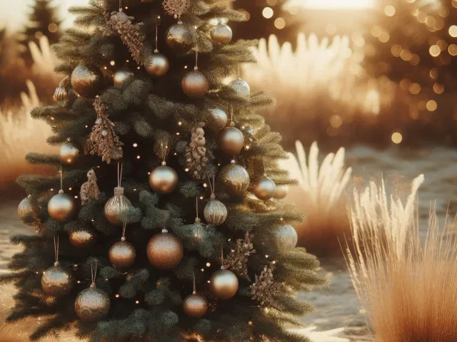 Elegant minimalist Christmas tree with soft golden winter light and calm atmosphere