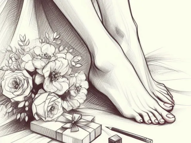 Artistic pencil sketch of a foot beside small decorative gift boxes.