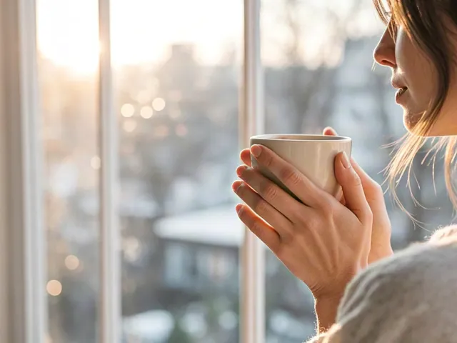 Woman holding a cup of coffee by the window in soft morning light