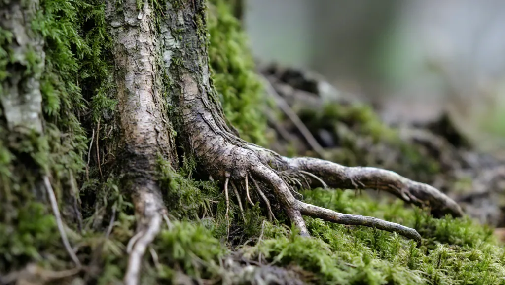 Mossy Tree Roots in Soft Forest Light