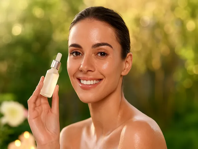 Smiling woman holding skincare serum bottle in natural outdoor light