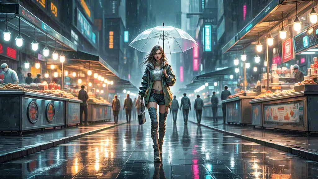 Futuristic woman walking through a glowing neon cyberpunk marketplace