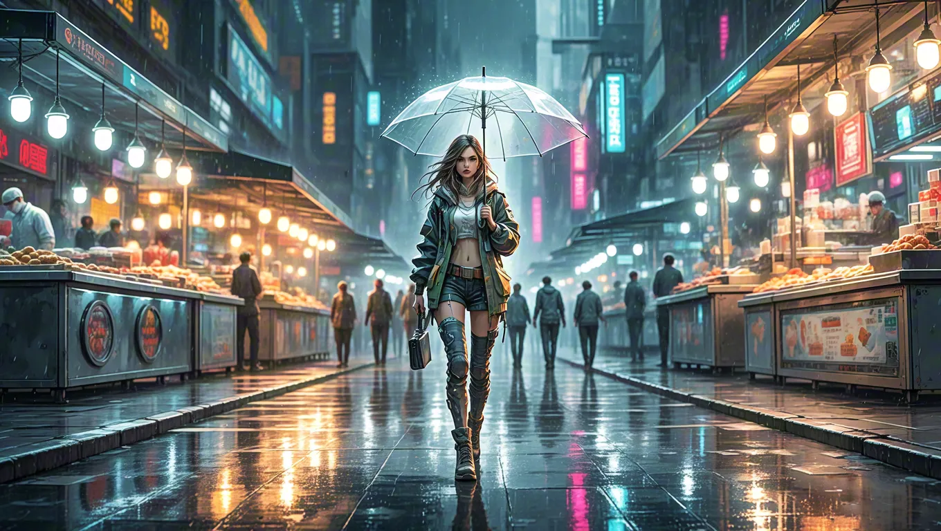 Futuristic woman walking through a glowing neon cyberpunk marketplace