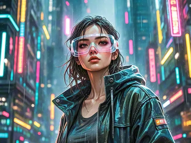 Futuristic cyberpunk girl with glasses in a neon-lit city alley