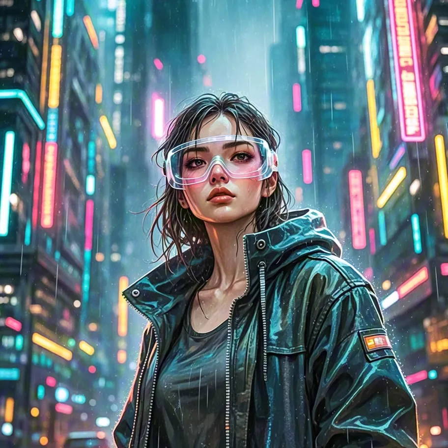 Futuristic cyberpunk girl with glasses in a neon-lit city alley