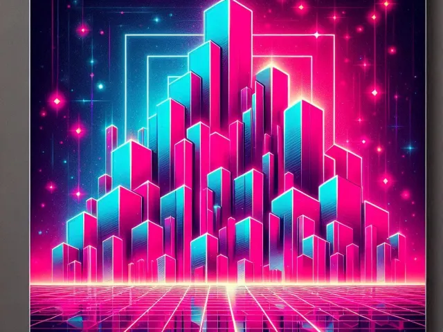 Vibrant neon illustration of a futuristic city made of glowing geometric shapes.