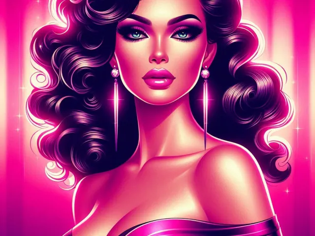 Stylized neon portrait of glamorous woman with voluminous curls