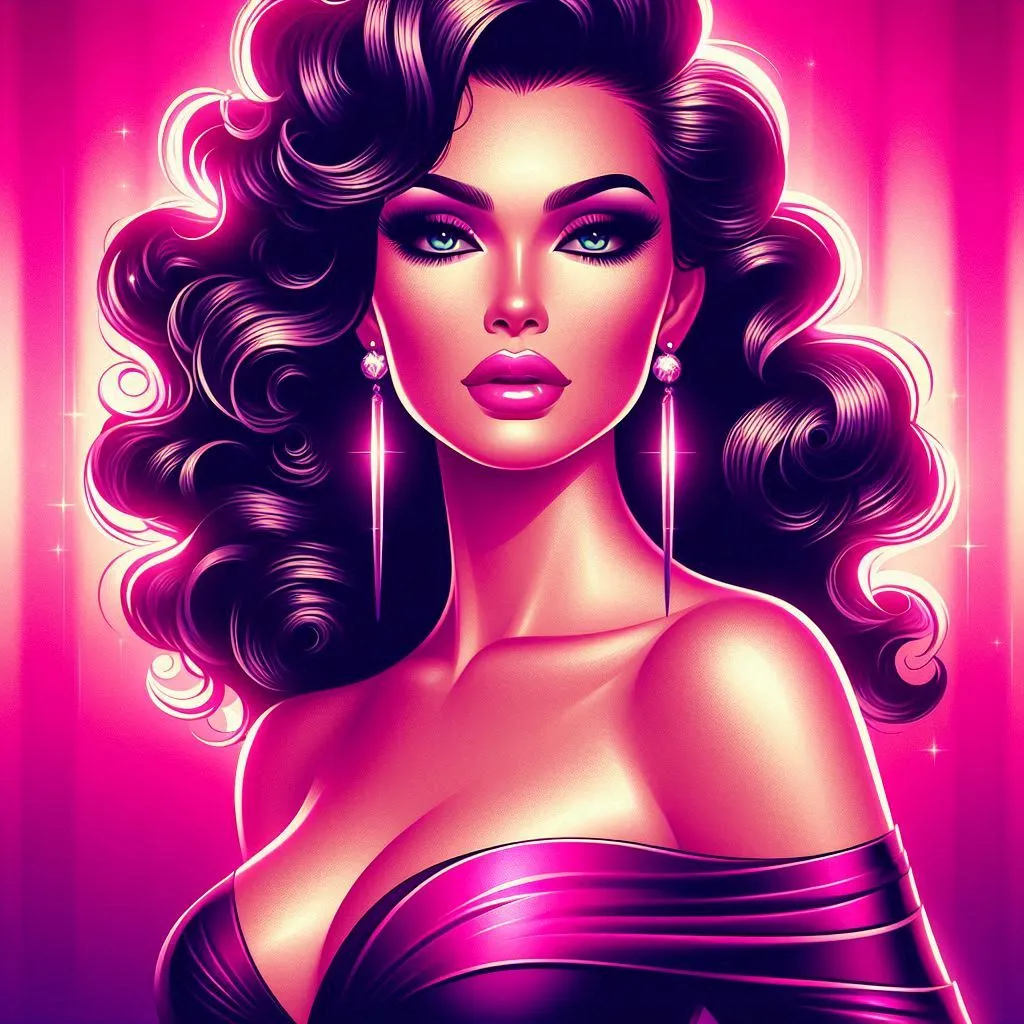 Stylized neon portrait of glamorous woman with voluminous curls