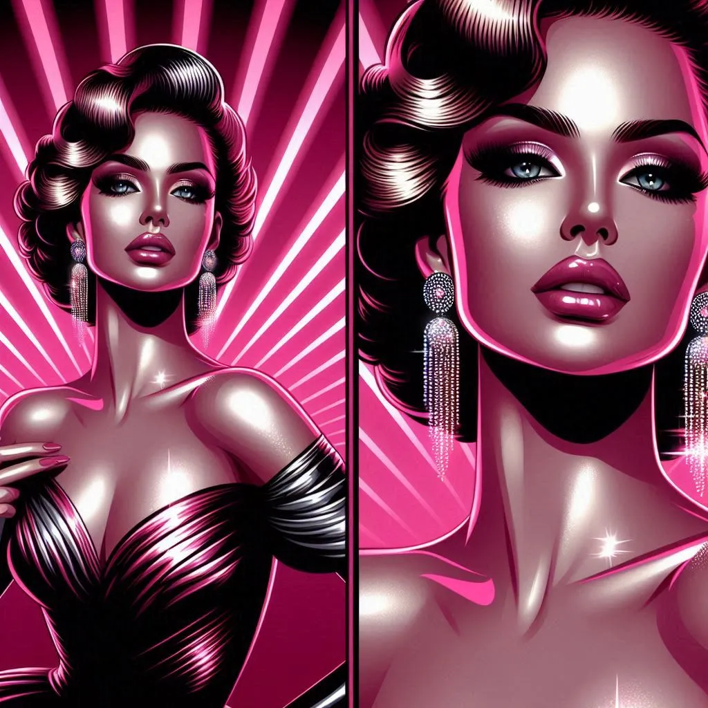 Stylized retro neon portrait of glamorous woman in pink and purple tones