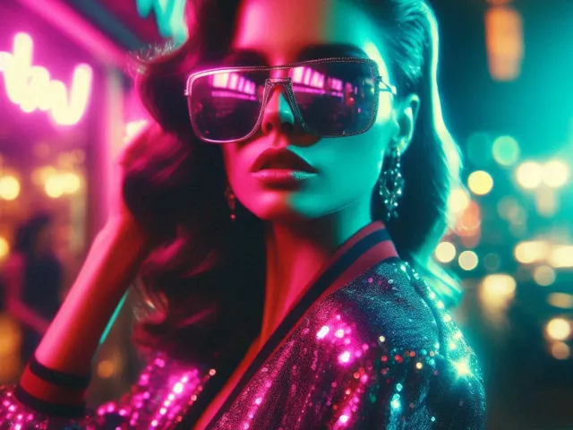 Stylish woman wearing glowing glasses in neon-lit city