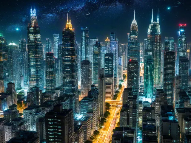 Night City Skyline With Blue Neon Lights