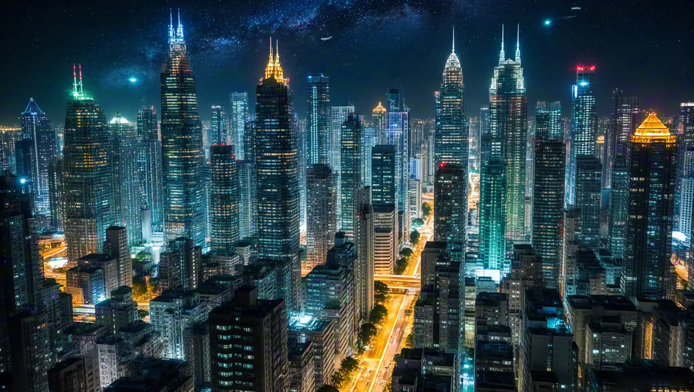 Night City Skyline With Blue Neon Lights