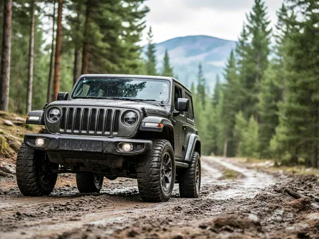 Jeep-style off-road vehicle parked on dirt path in dense forest