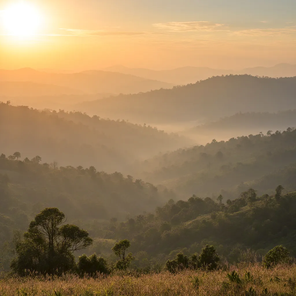 Peaceful Morning Sunrise Over Rolling Hills