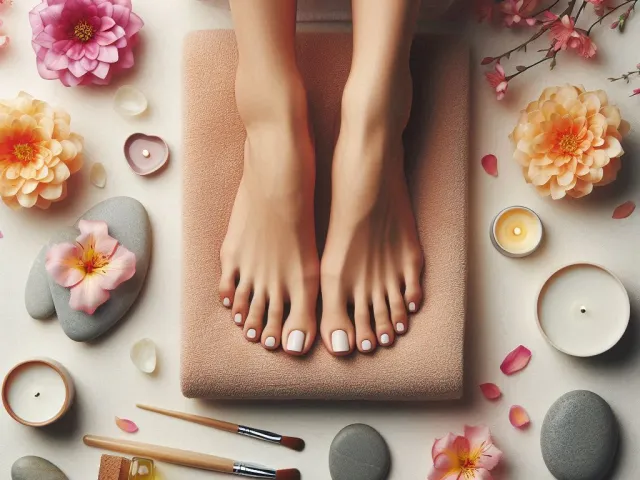 Female feet resting on spa towel surrounded by petals and pebbles