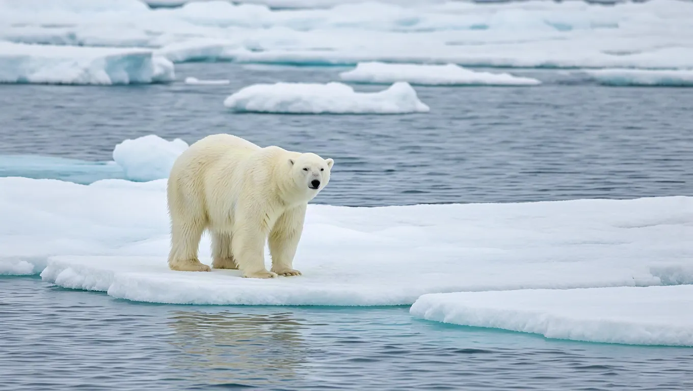 Polar bear walking on ice floe surrounded by cold Arctic waters