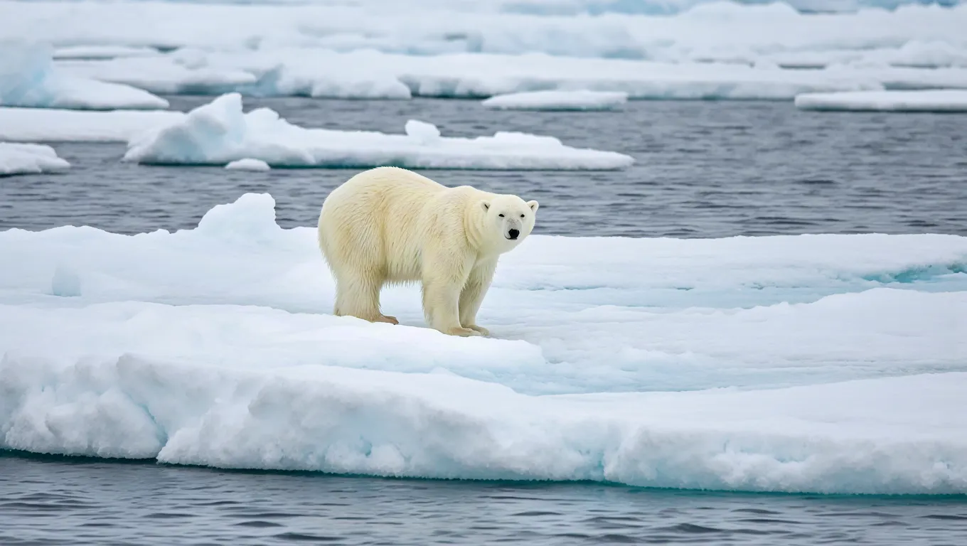 Polar bear standing alone on melting ice in the Arctic ocean