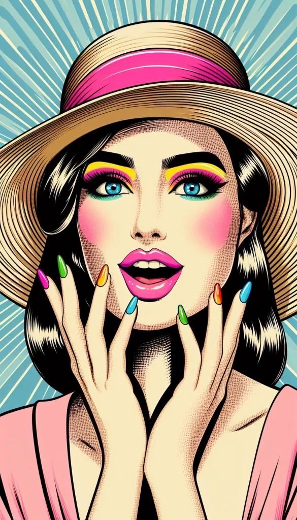 Pop art style beauty illustration of a woman with vibrant makeup and graphic lines