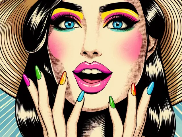 Pop art style beauty illustration of a woman with vibrant makeup and graphic lines