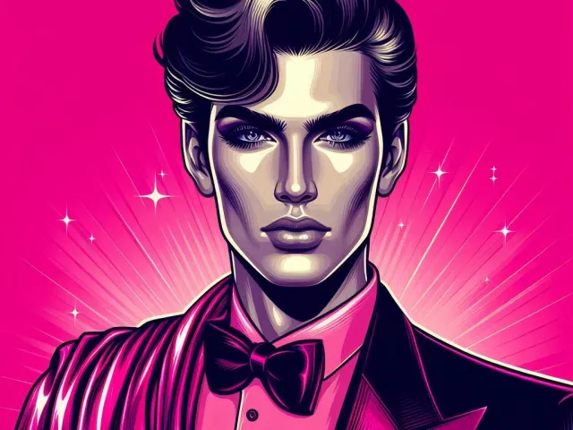 Stylized pop art fashion portrait with bold pink background and dramatic lighting