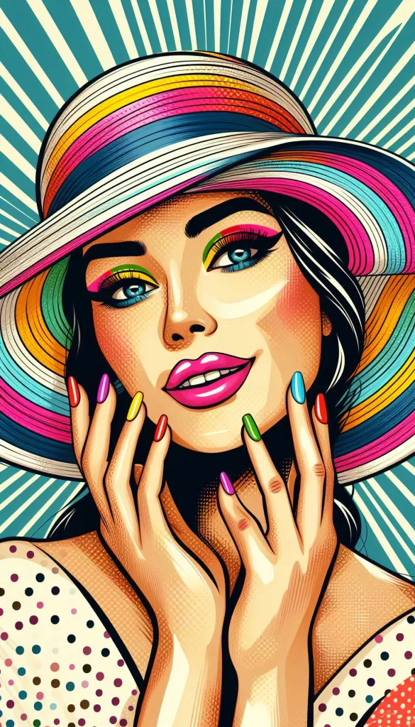 Vibrant pop-art style portrait of a stylish woman wearing a colorful hat