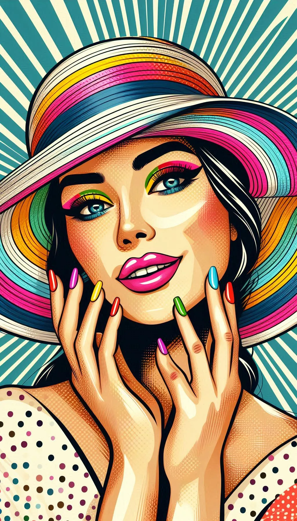 Vibrant pop-art style portrait of a stylish woman wearing a colorful hat