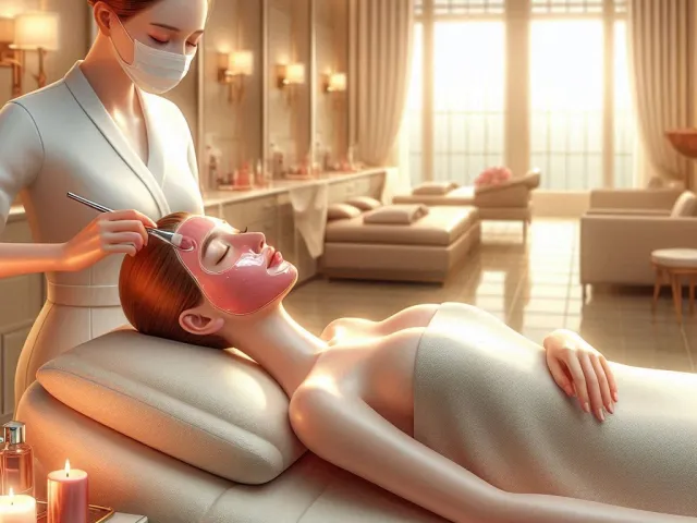 Woman receiving professional facial treatment in modern luxury spa interior