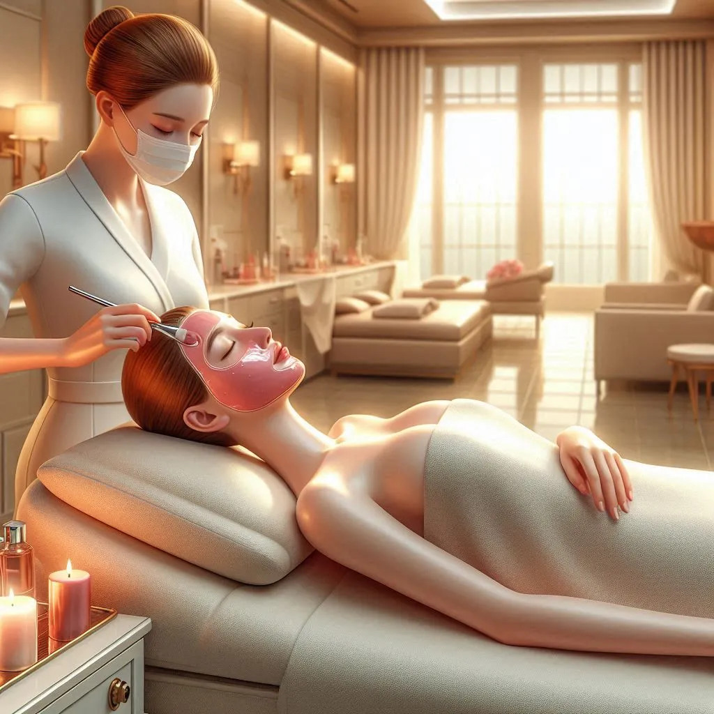 Woman receiving professional facial treatment in modern luxury spa interior