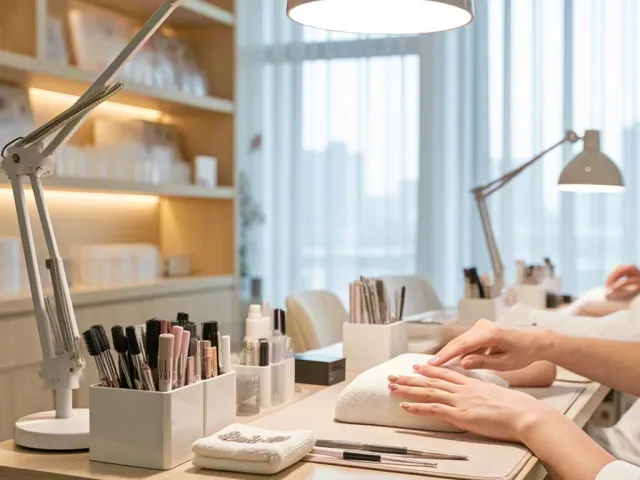 Modern manicure workspace with tools, desk lamps and clean interior