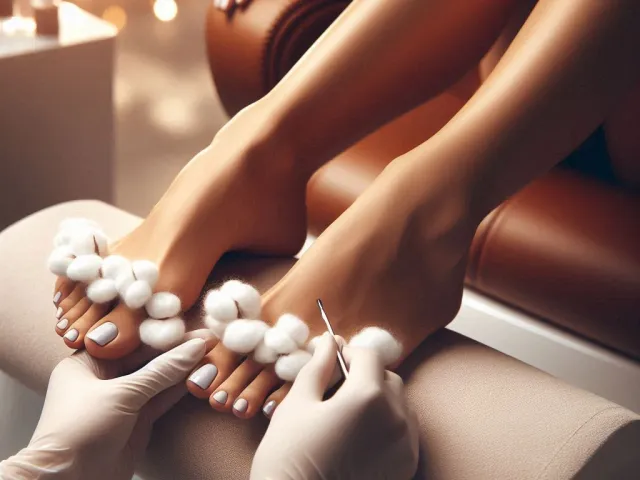 Close-up of a spa pedicure treatment with cotton separators placed between toes.