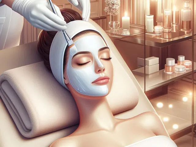 Woman receiving a luxurious spa facial treatment in a warm candlelit setting.