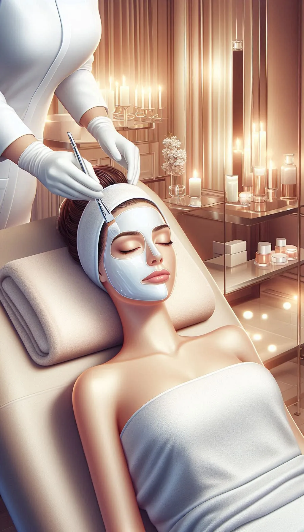 Woman receiving a luxurious spa facial treatment in a warm candlelit setting.