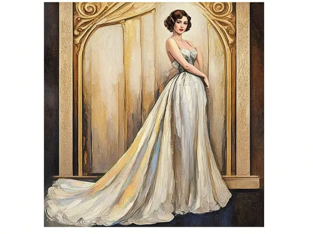 Vintage-style illustration of woman wearing a flowing golden gown in decorative frame